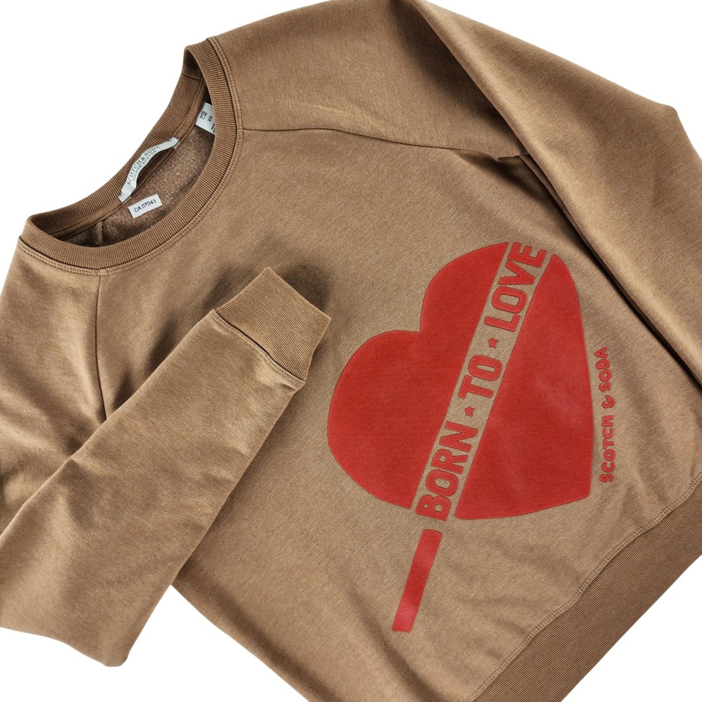 Scotch & Soda Maison Scotch Sweatshirt Womens XS Tan Born To Love Heart Crewneck